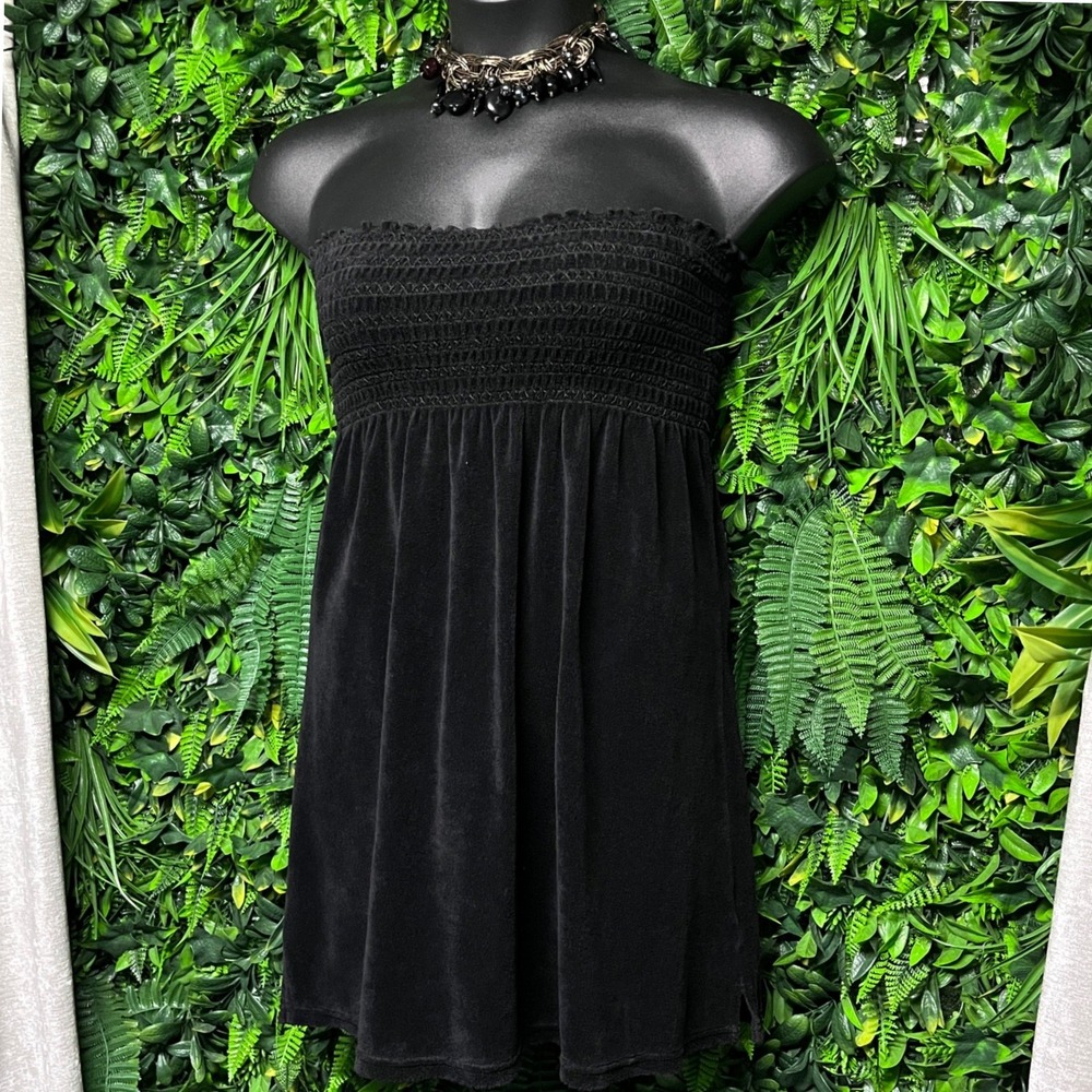 Y2K Juicy Couture Dress Large Black Velour Smocked Strapless Tube Vintage 4090